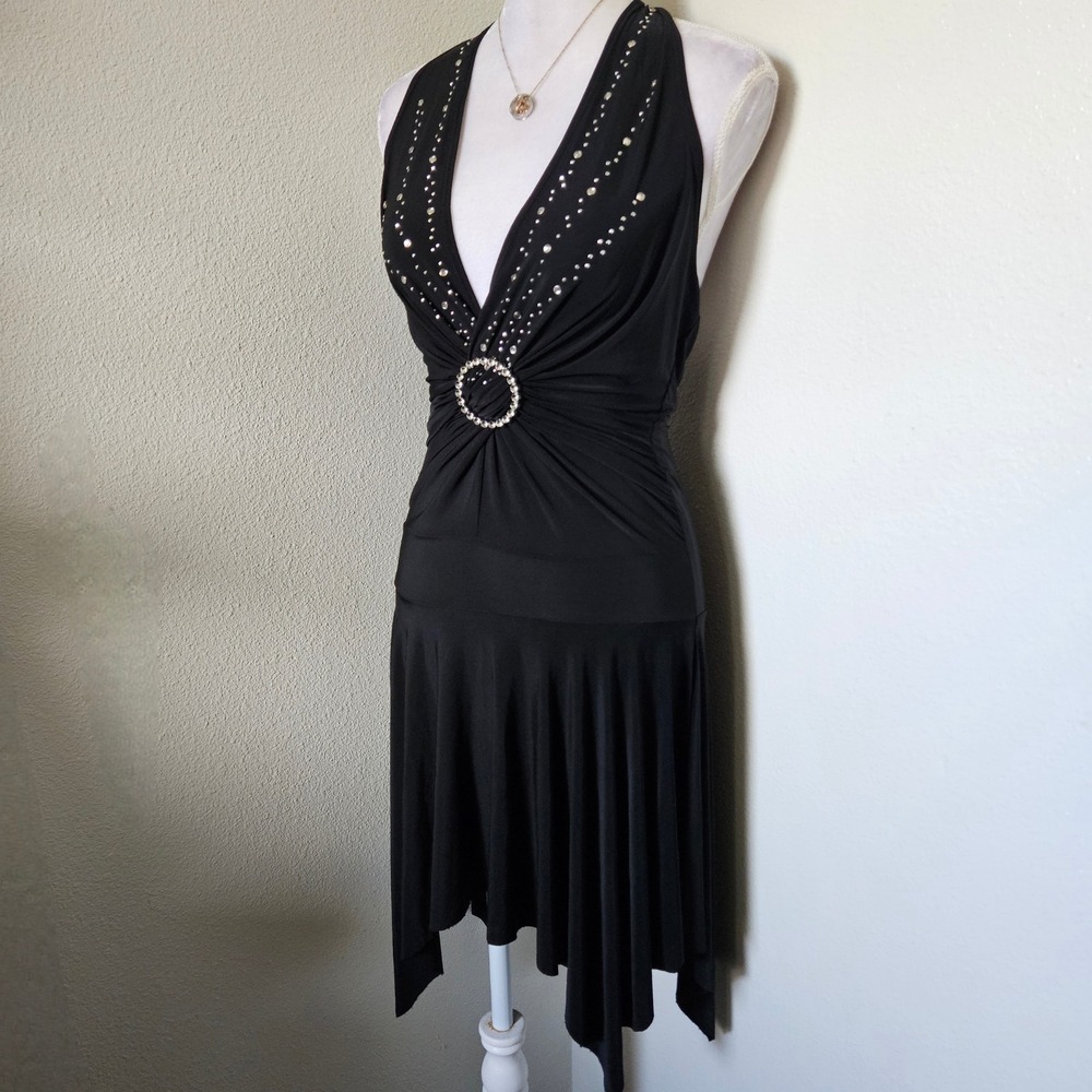 Taboo Black Rhinestone Halter Dress Handkerchief Hem